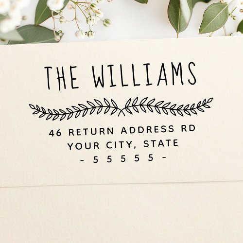 Laurel leaf whimsical name return address self-inking stamp