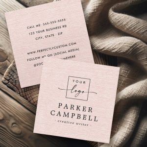 Light blush pinl linen look add logo minimalist square business card