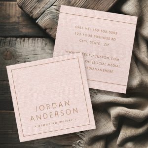Modern minimal thin borders blush pink linen look square business card