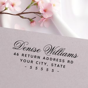 Self-inking return address stamp with elegant, romantic calligraphy script