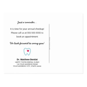 Dentist appointment reminder tooth with heart blue postcard