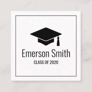 Modern, square graduation name card with black graduate cap