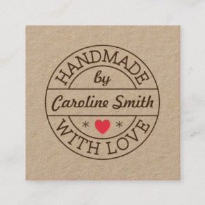 Handmade with love stamp with name kraft paper square business card