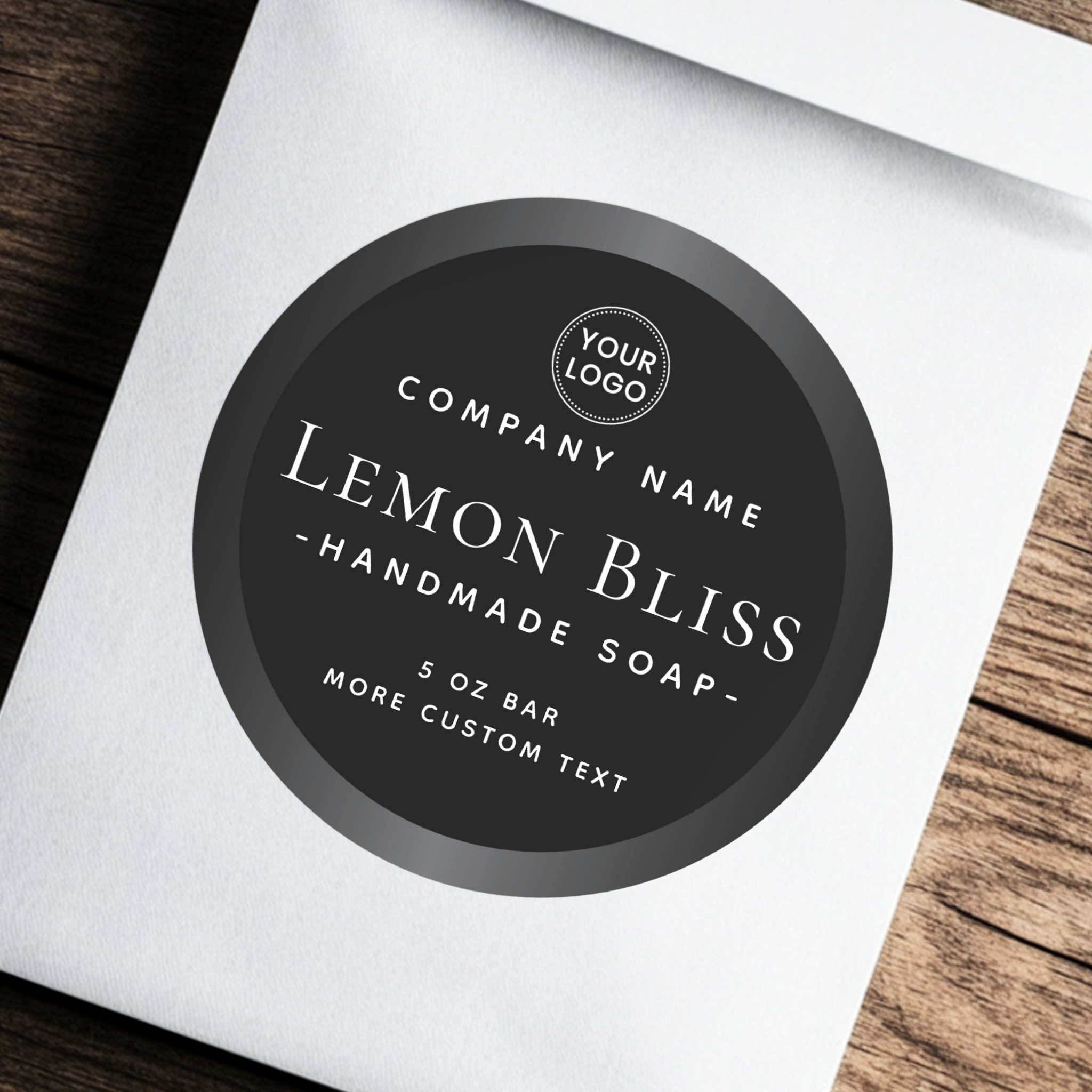 Dark gray satin border black round product label