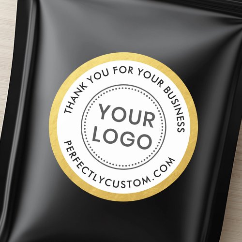 Add logo faux gold look border business thank you classic round sticker
