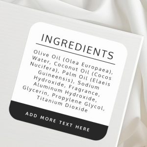 White ingredient list product label with black or custom color border