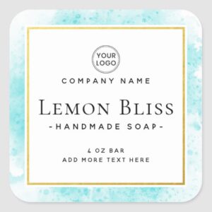 Elegant square product label template with blue watercolor and faux gold border