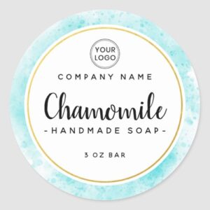 Product labels with blue watercolor and gold look border