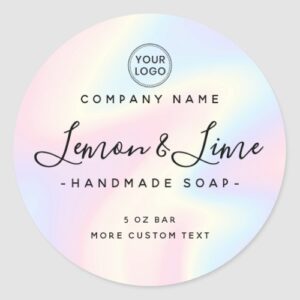Round product label with pastel rainbow background, custom logo and elegant script font