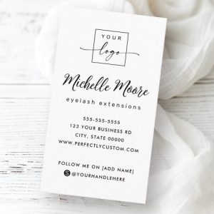 Vertical, white business cards with custom logo template and your name in an elegant calligraphy style script