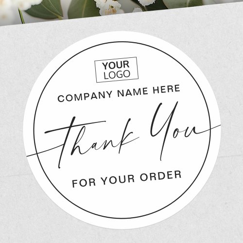 Handwritten script add logo business thank you classic round sticker