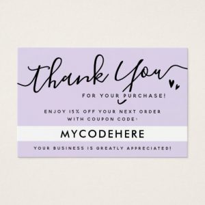 Purple discount coupon code thank you insert card