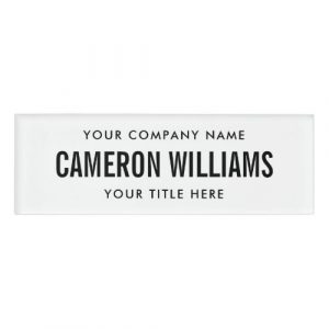 White or custom color name tag with template fields for your company name, name and title.