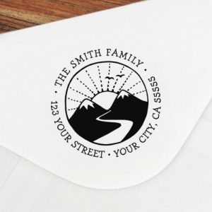 Mountain sunrise whimsical font return address self-inking stamp