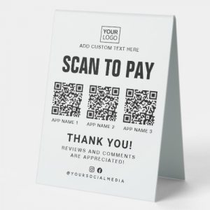 Scan to pay logo 3 QR codes white or custom color table tent sign