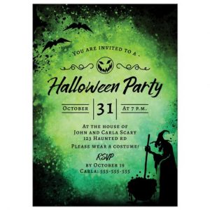 Black and green Halloween party invitation with witch stirring a cauldron