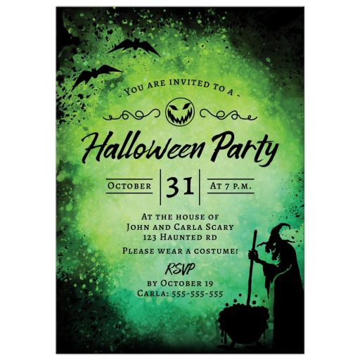 Black and green Halloween party invitation with witch stirring a cauldron
