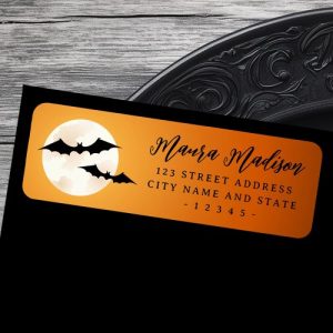 Bats in front of full moon in orange sky Halloween return address labels