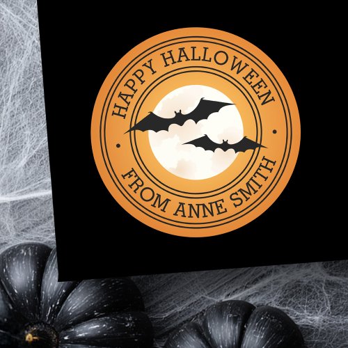 Bats and moon Happy Halloween custom name orange Classic Round Sticker