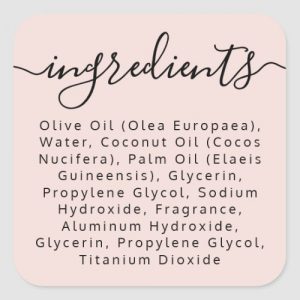 Blush pink ingredient list product label with elegant script