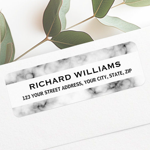 Elegant black and white marble return address label with customizable text and modern typography.