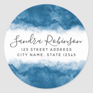 Blue watercolor round return address labels with elegant script font