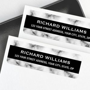 Elegant black and white marble return address label with bold black center stripe and white uppercase name and address.