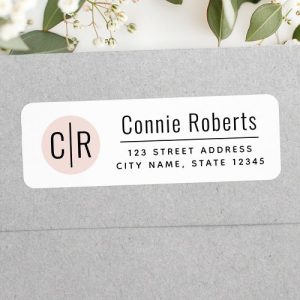 Monogram on blush pink circle, modern minimal return address labels