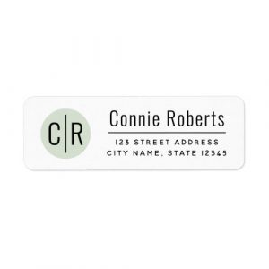 White, modern return address labels with monogram initials on light sage green circle