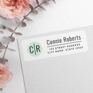 Modern, white return address labels with your monogram initials on a mint green circle