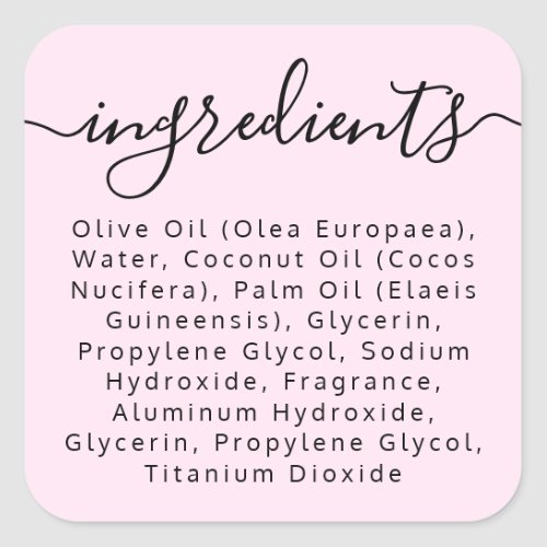 Pale pink ingredient list label with elegant calligraphy script