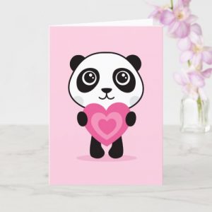 Happy Valentine's day card featuring a cute panda holding a pink love heart
