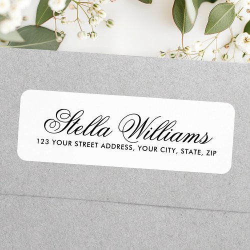 Elegant white return address labels with romantic cursive script name and printed address text.