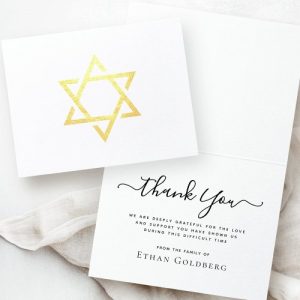 Folded sympathy thank you cards with real foil gold or silver Star of David