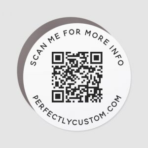 Round car Magnet with custom QR code editable text scan me for more information