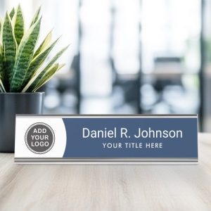 Custom logo modern dark blue and white desk name plate