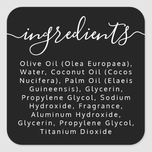 Elegant, black ingredient list label with calligraphy script font