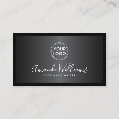 Elegant business card with your custom logo and feminine script on a dark gray gradient background with black border