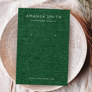 Earring display card with forest dark green linen look background