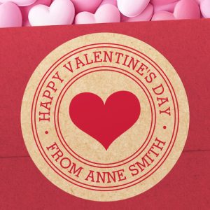 Happy Valentine's Day sticker with greeting and custom name on a Kraft paper look background