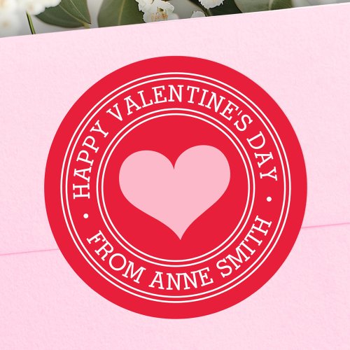 Red Valentine sticker with pink heart and custom text Happy Valentine's Day and your name