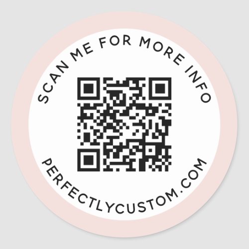 Round, modern QR code stickers with light blush pink border and custom text