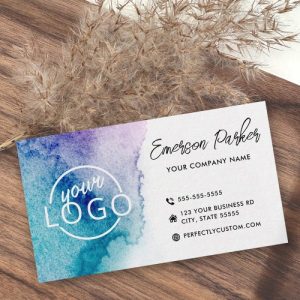 Aqua blue purple watercolor custom logo minimalist business card