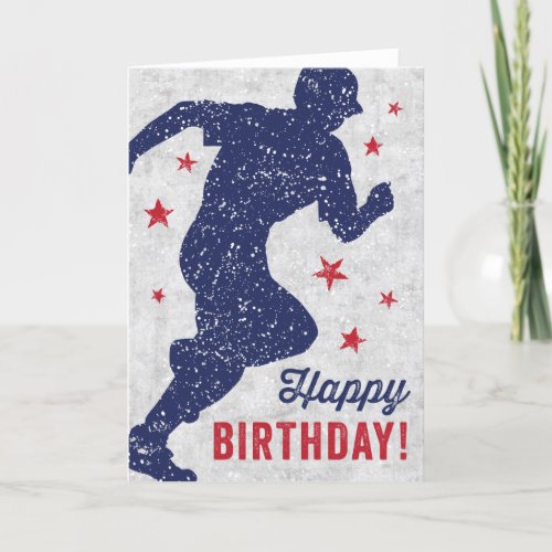 Baseball themed Happy Birthday card with running boy and stars