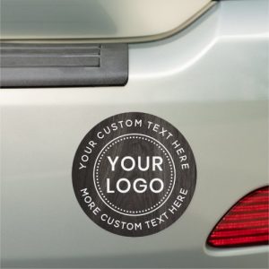 Dark woodgrain background custom logo and text car magnet