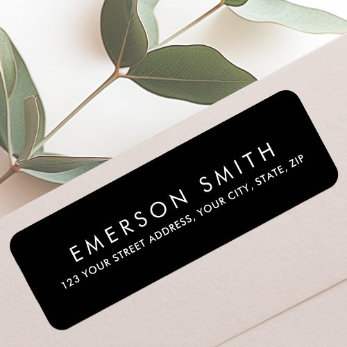Minimalist black return address label with elegant white sans-serif text, customizable with name and address, featuring a modern, clean design perfect for weddings, business mail, or personal stationery.