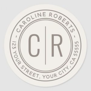 Modern monogram initials light tan return address classic round sticker