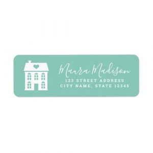 Pastel green white town house and heart return label