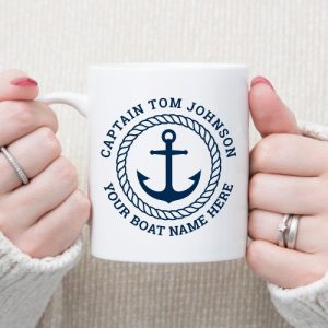 Custom captain and boat name ceramic coffee mug with anchor and rope border