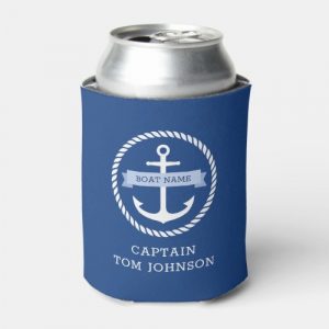 Blue anchor rope border captain and boat name can cooler